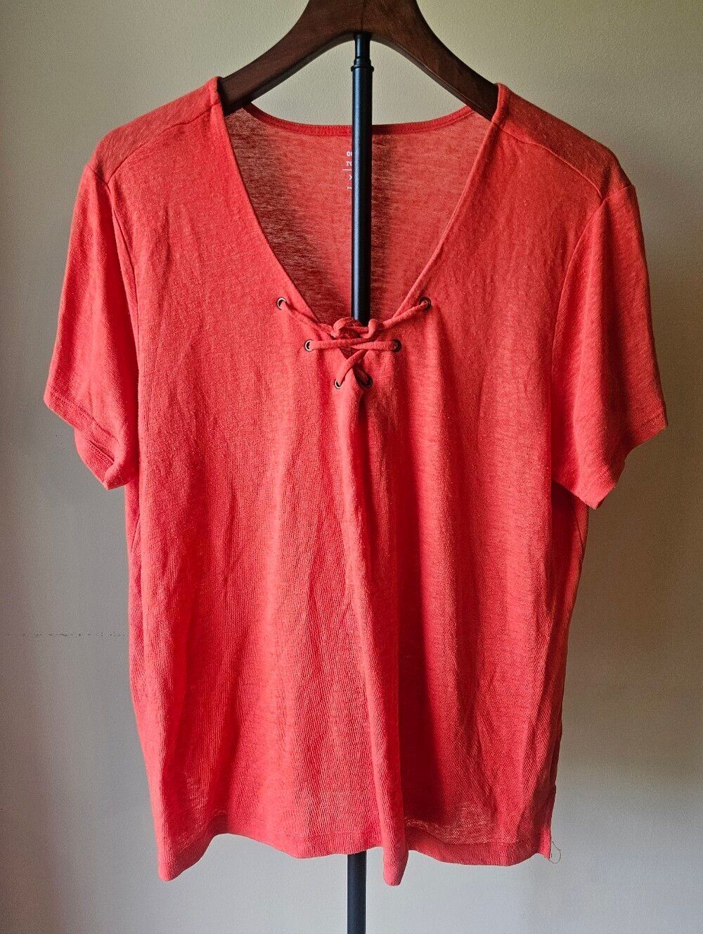 Old Navy Linen Blend Lace-Up V-Neck Short Sleeve Tee - Red Orange Size XL